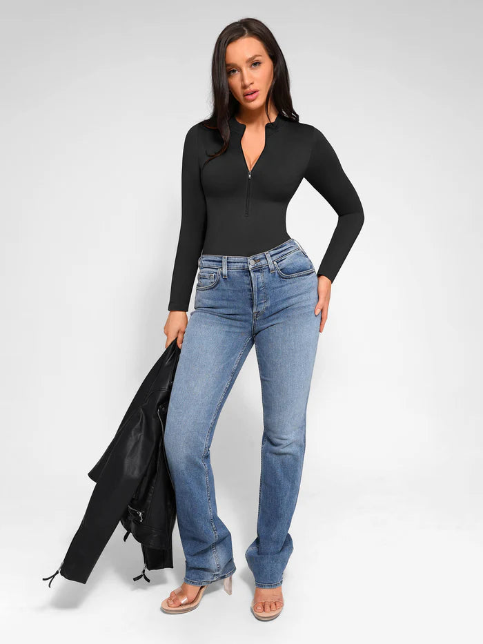 Bodylove Seamless Long Sleeve Zipper Thong Bodysuit