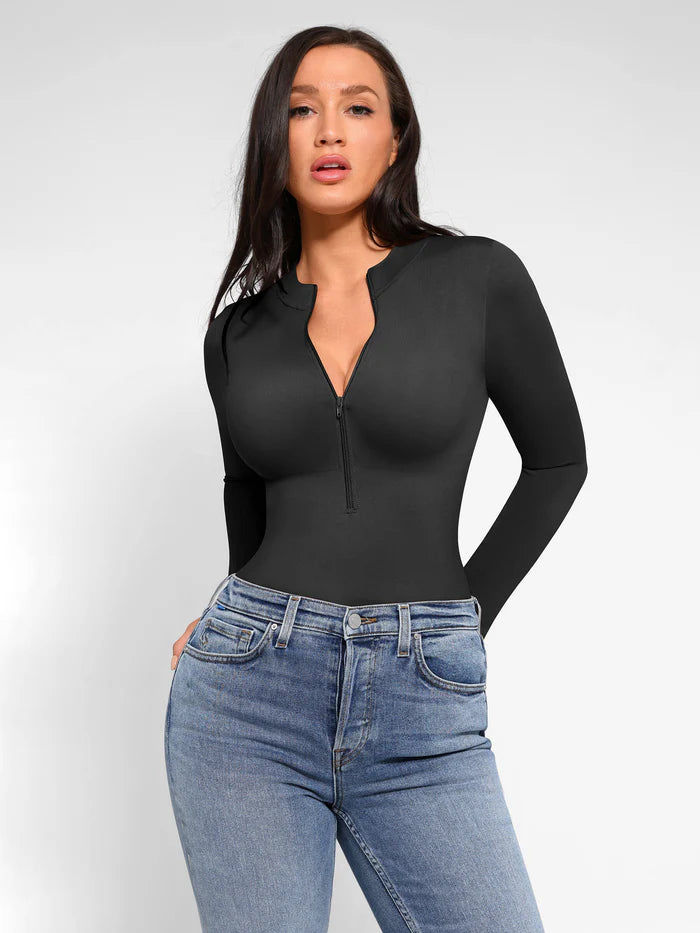 Bodylove Seamless Long Sleeve Zipper Thong Bodysuit