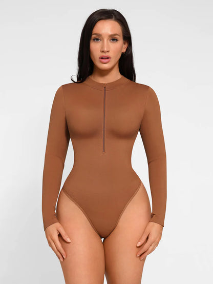 Bodylove Seamless Long Sleeve Zipper Thong Bodysuit